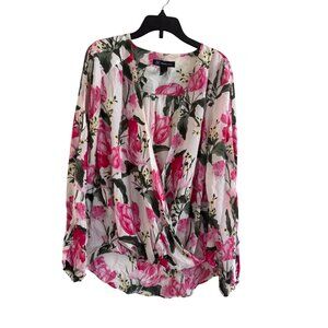 INC Blouse Womens S Polyester Multicolor Floral Long Sleeve Draped V-Neck Top